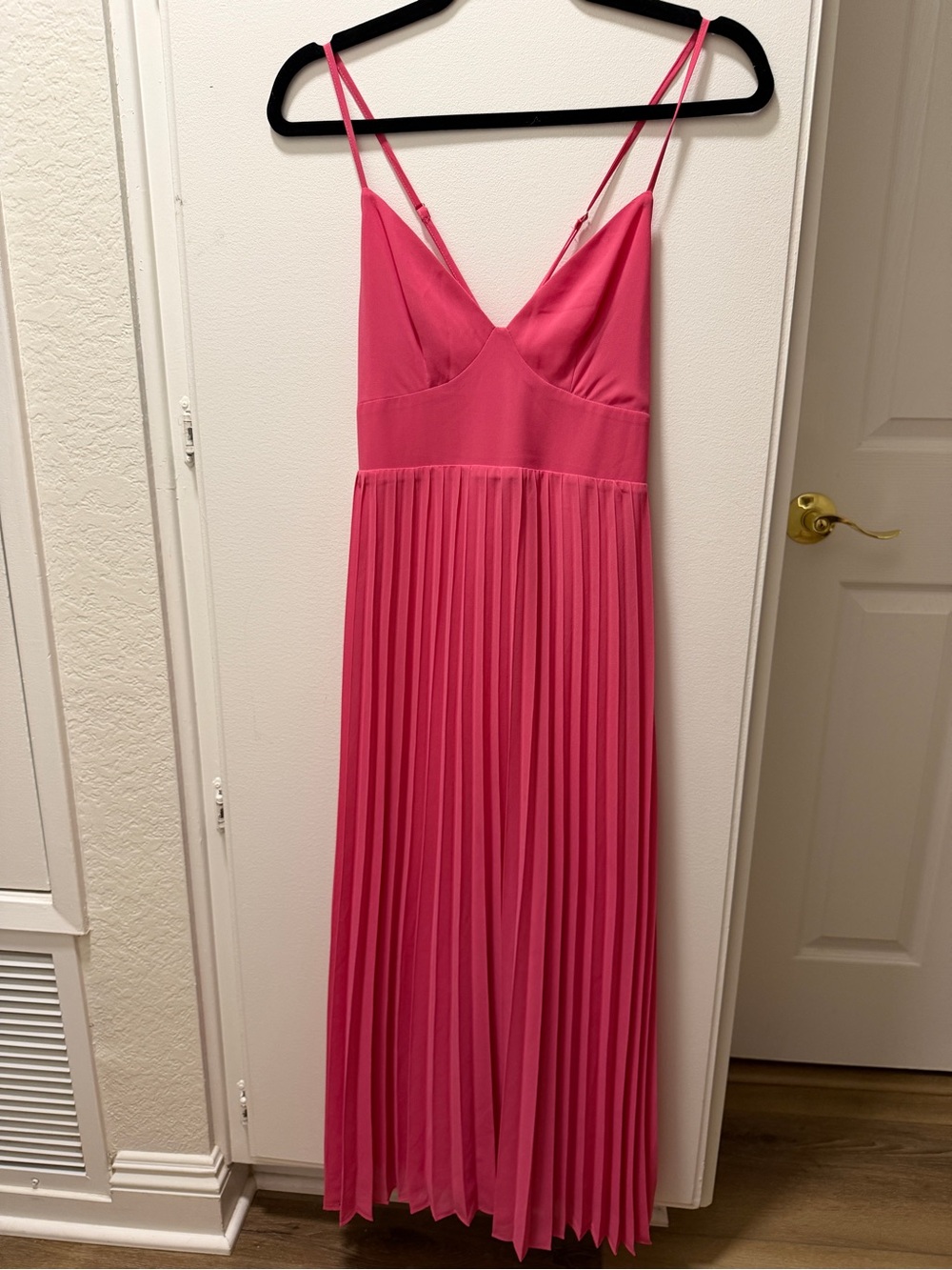Lulu's Bright Pink Pleated Midi Dress with Spaghetti Straps